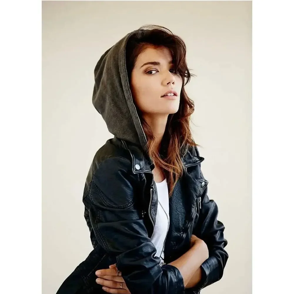 Free People Cleo Vegan Leather Moto Hooded Jacket‎ Black Size 8